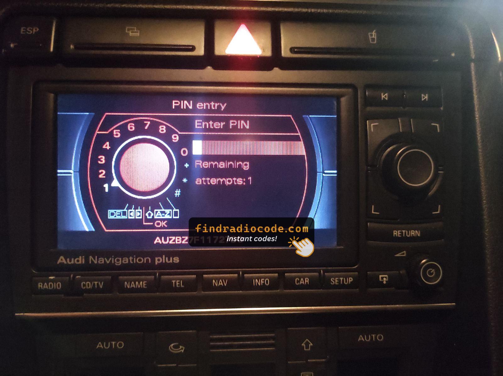 Audi RNS-E radio serial number on screen